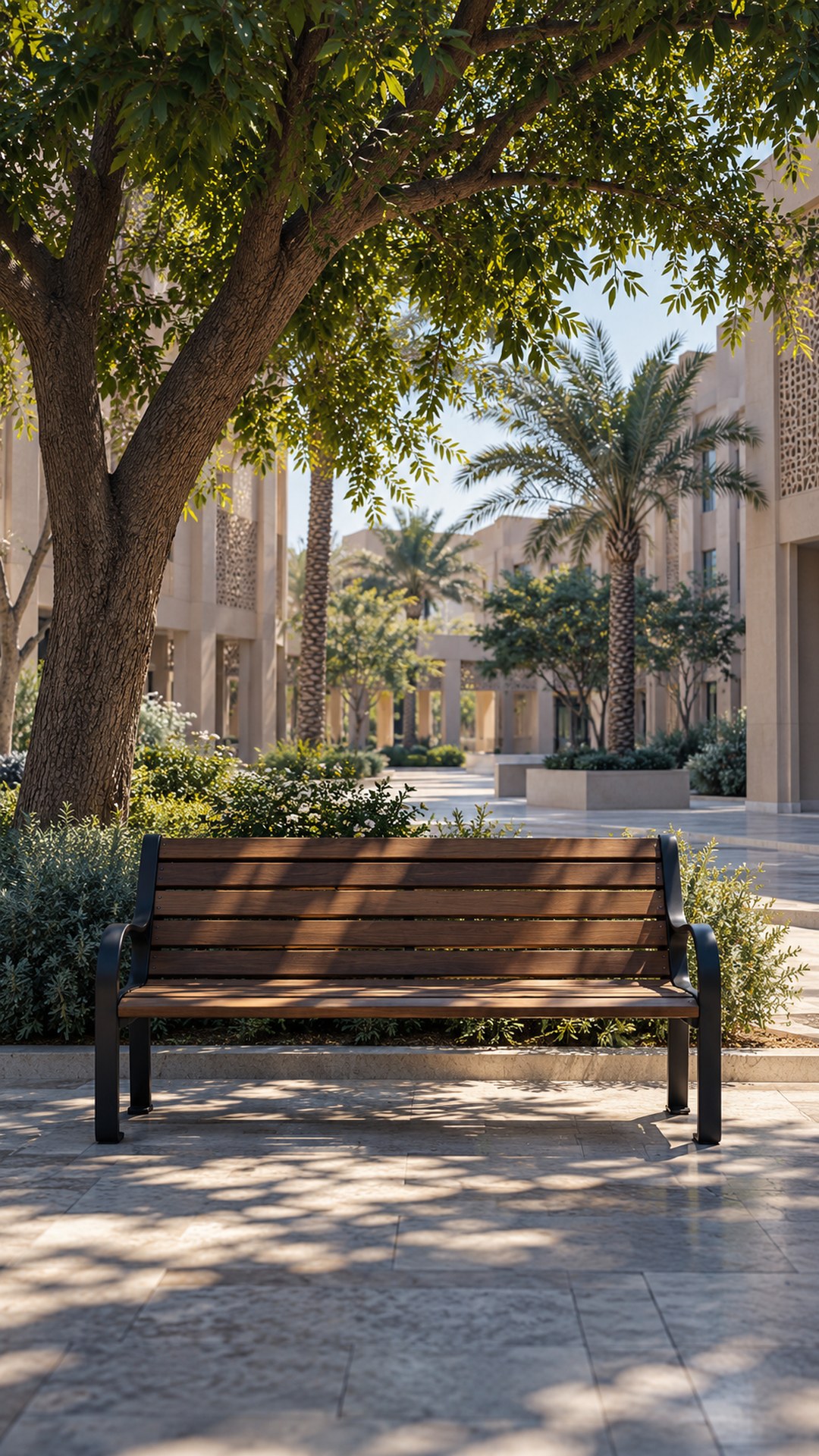 مقعد تحت شجرة في ساحة جامعية هادئة في ضوء العصر