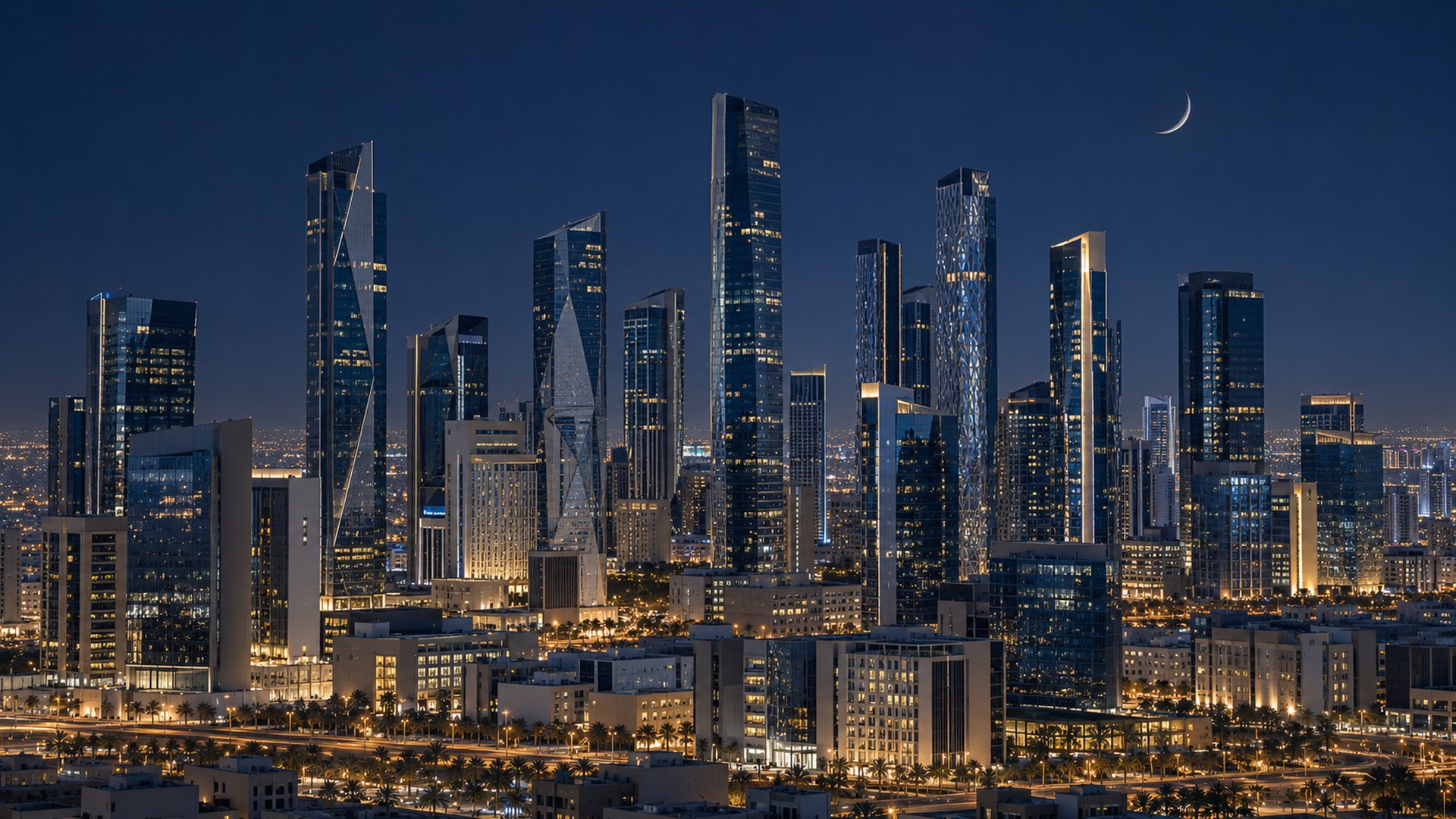 أفق مدينة سعودية هادئ بأبراج حديثة تحت هلال رفيع ليلاً