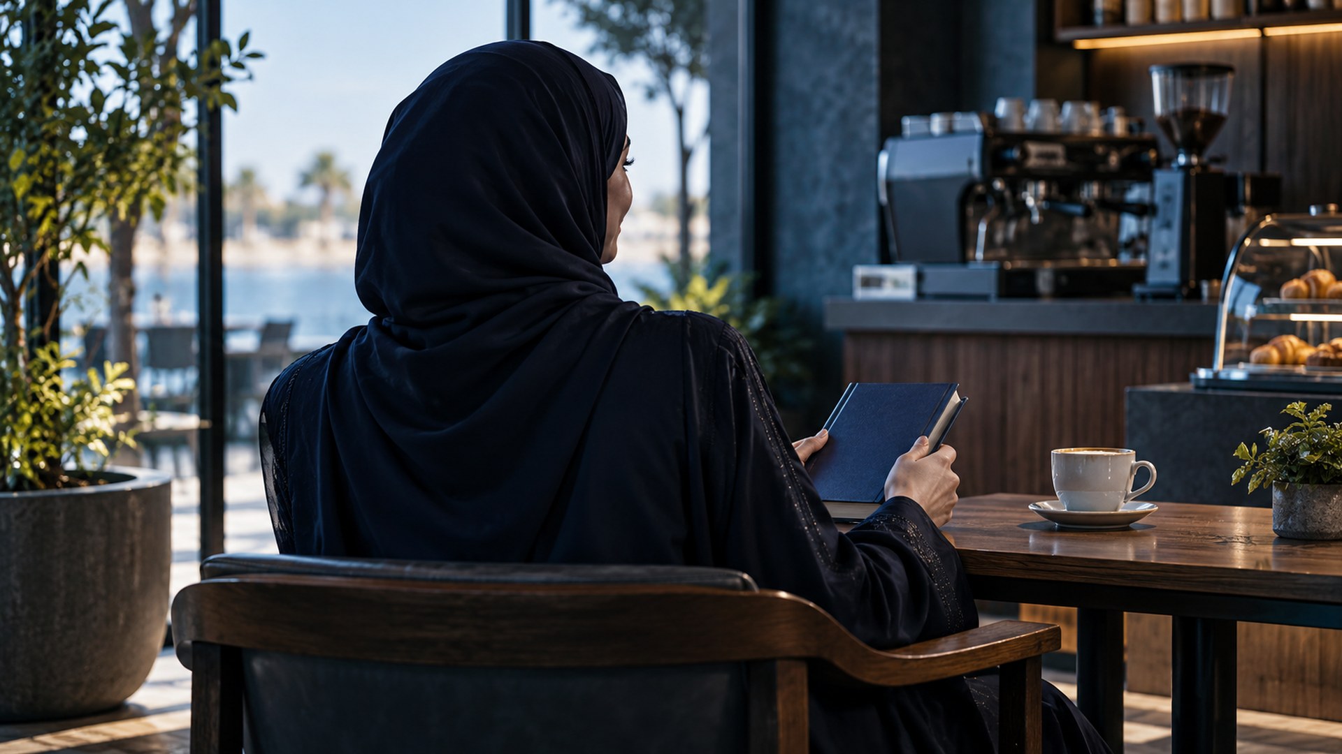 قارئ يغلق كتابه برضا في مقهى هادئ، من الخلف