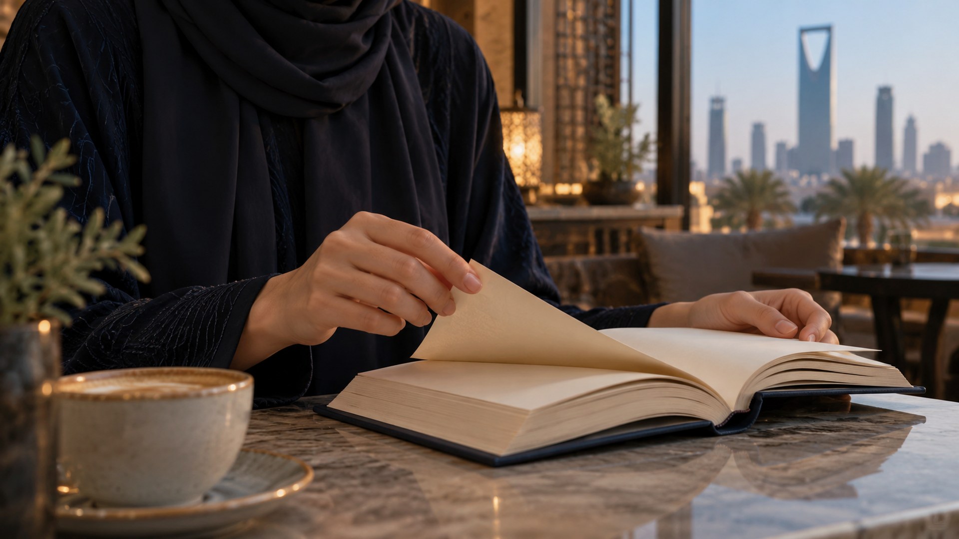 يدا قارئ تقلبان صفحات كتاب في مقهى هادئ بالرياض