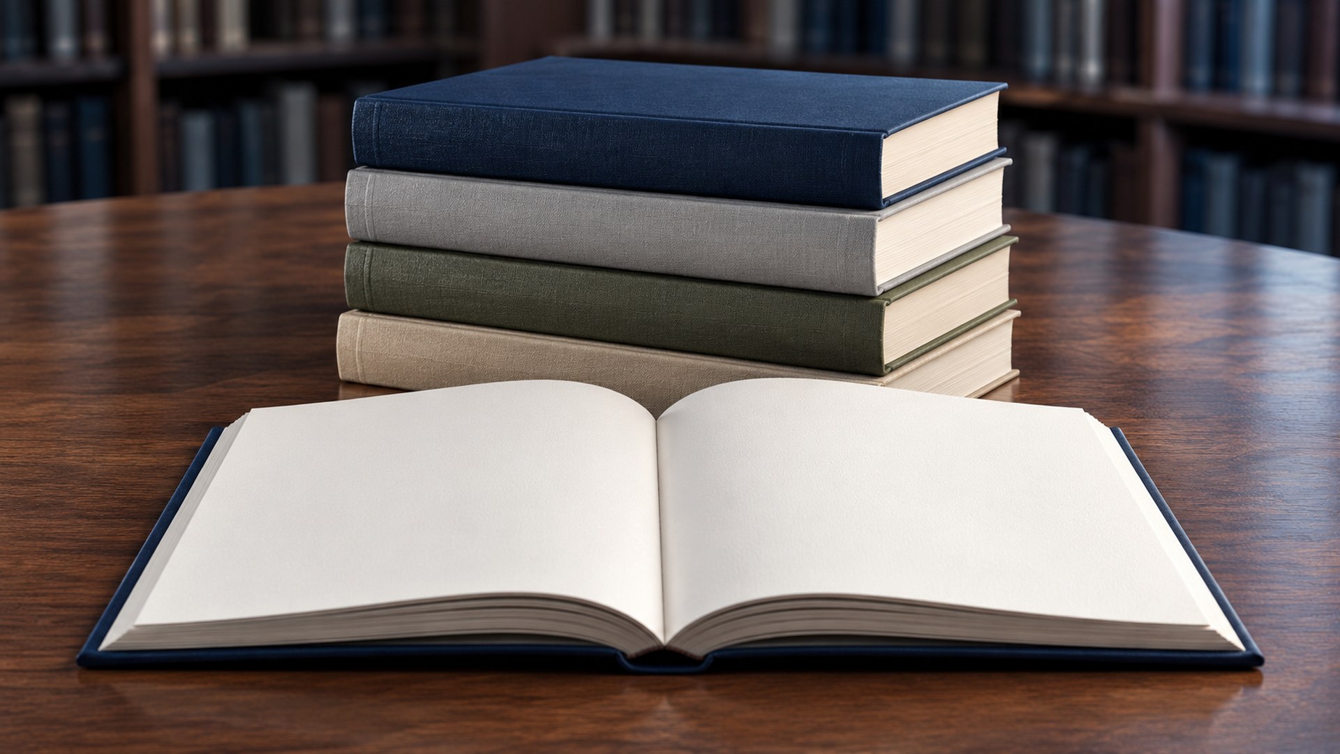 كتب مراجع بجانب دفتر جديد على طاولة مكتبة