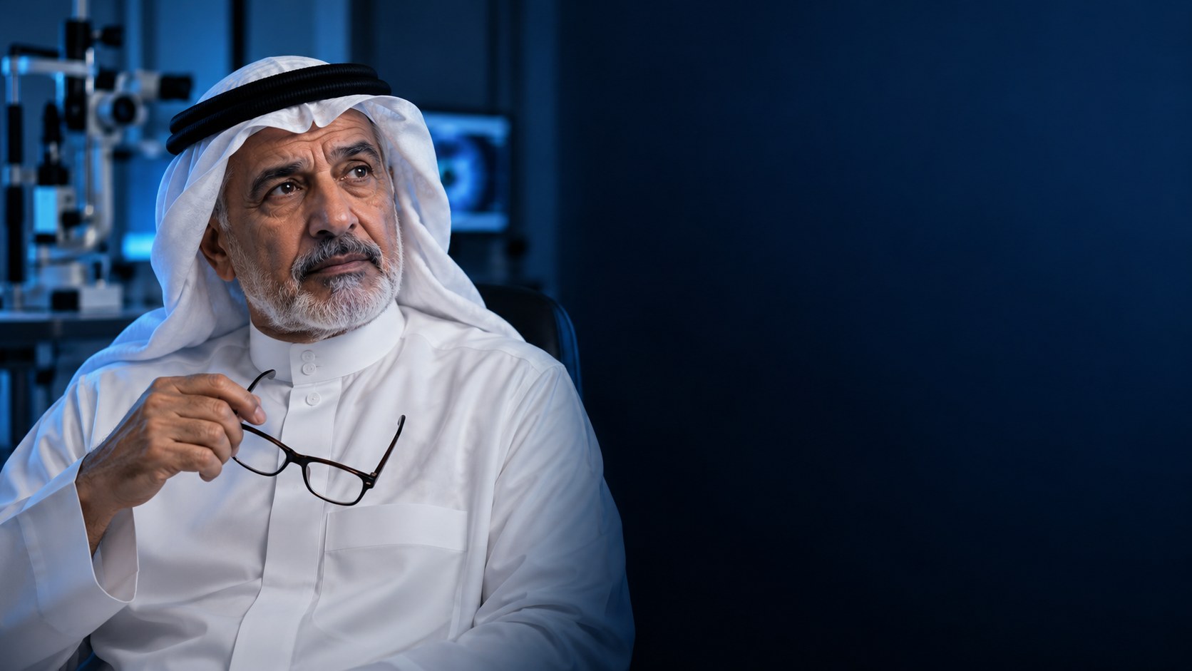 رجل سعودي كبير بالغترة والثوب يمسك نظارته متأملاً في عيادة عيون