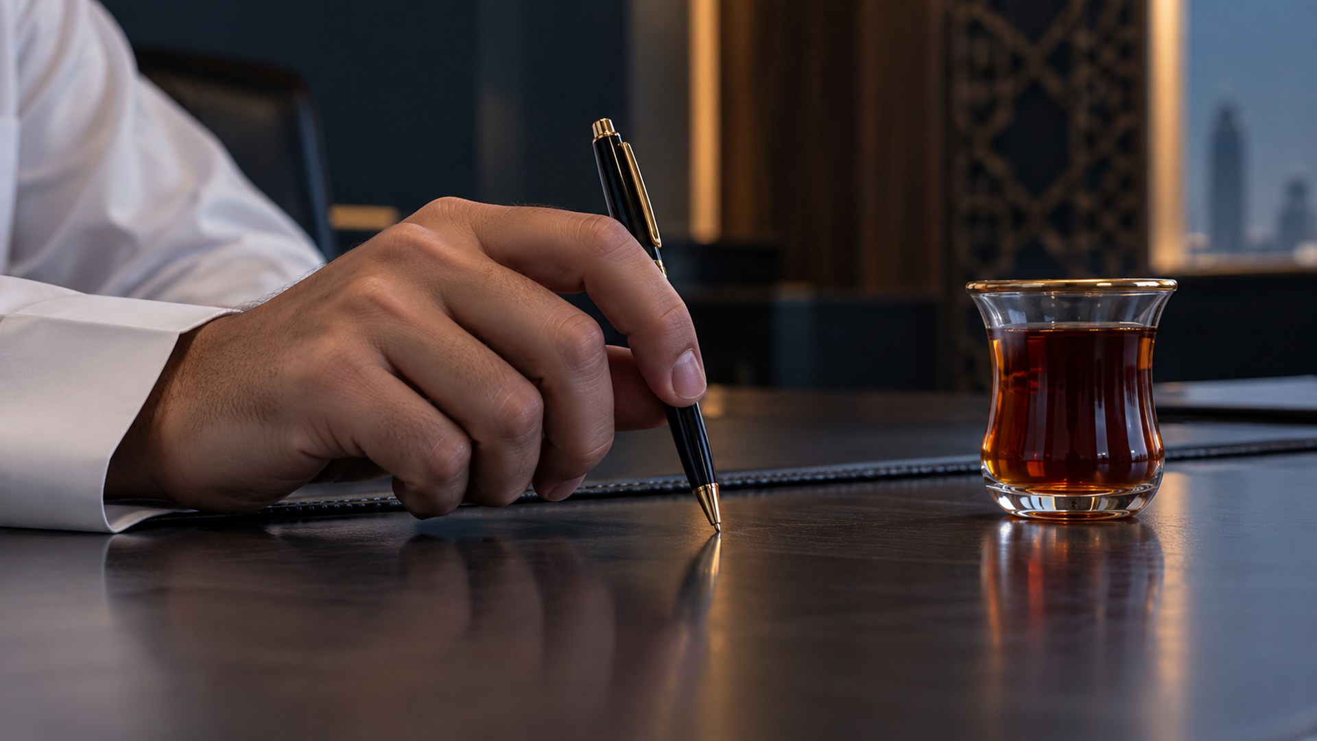 يد قلقة تنقر بالقلم على المكتب بجانب كوب شاي لم يُلمس