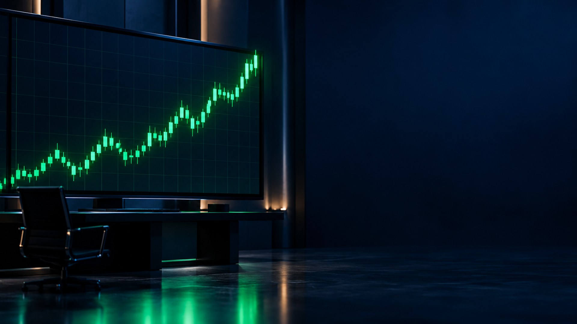 رسم شموع أخضر صاعد على شاشة كبيرة في غرفة تداول مظلمة فارغة