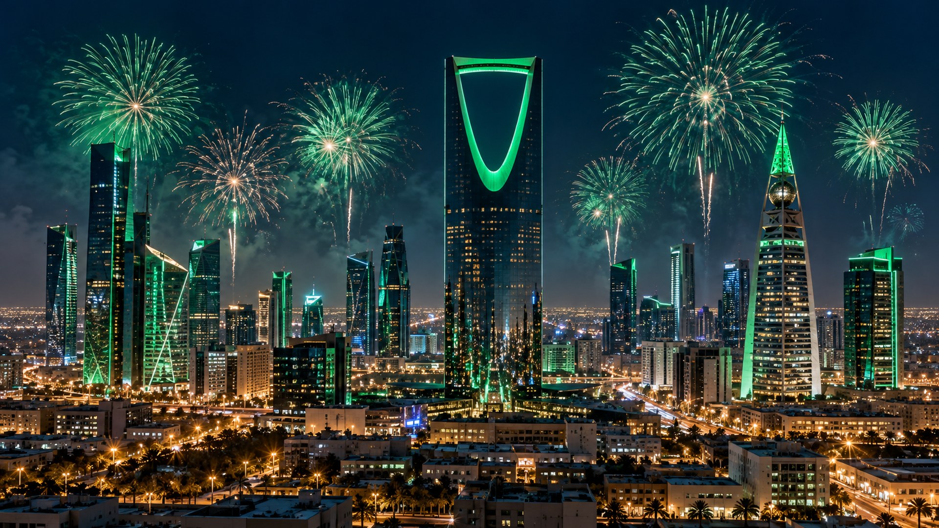 أفق الرياض مضاء بالأخضر ليلاً والألعاب النارية فوقه