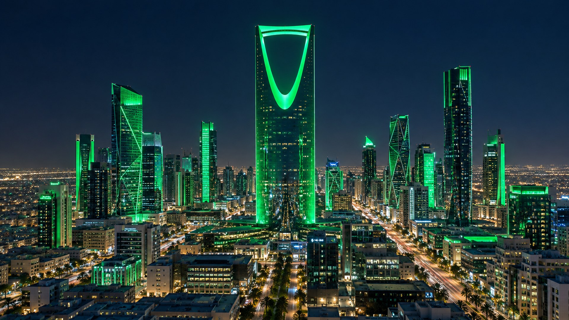 أفق الرياض ليلاً وبرج المملكة والأبراج حوله مضاءة بالأخضر في اليوم الوطني