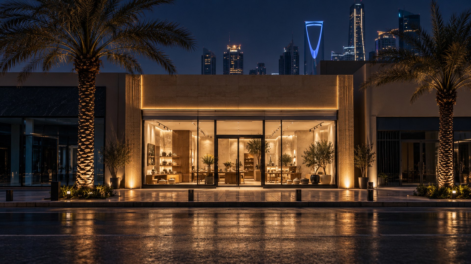 صف محلات في شارع بالرياض ليلاً ومحل في المقدمة مضاء بقوة
