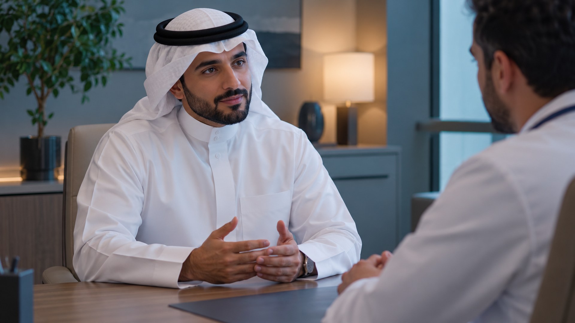 رجل سعودي يتحدث بهدوء مع الطبيب في غرفة استشارة خاصة