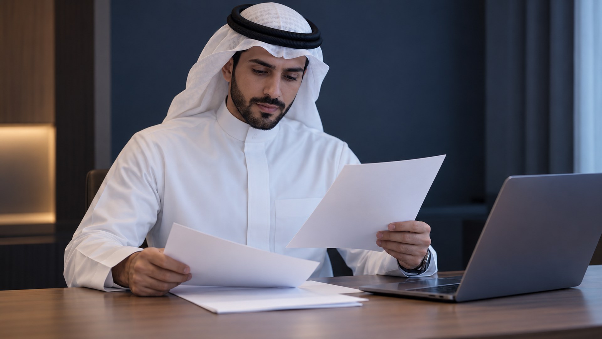 متقدم سعودي يطابق بياناته الشخصية مع الوثائق بجانب اللابتوب