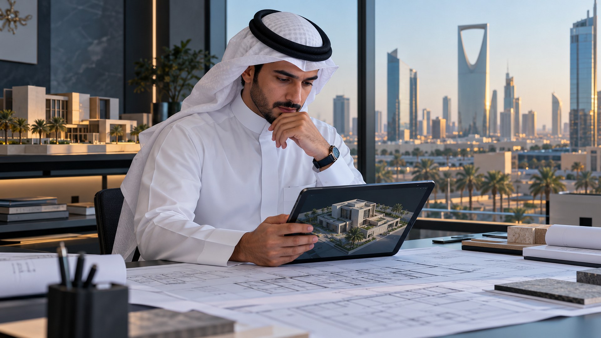 مهندس معماري سعودي يراجع مخططات ونماذج ثلاثية الأبعاد على جهاز لوحي في مكتب بالرياض