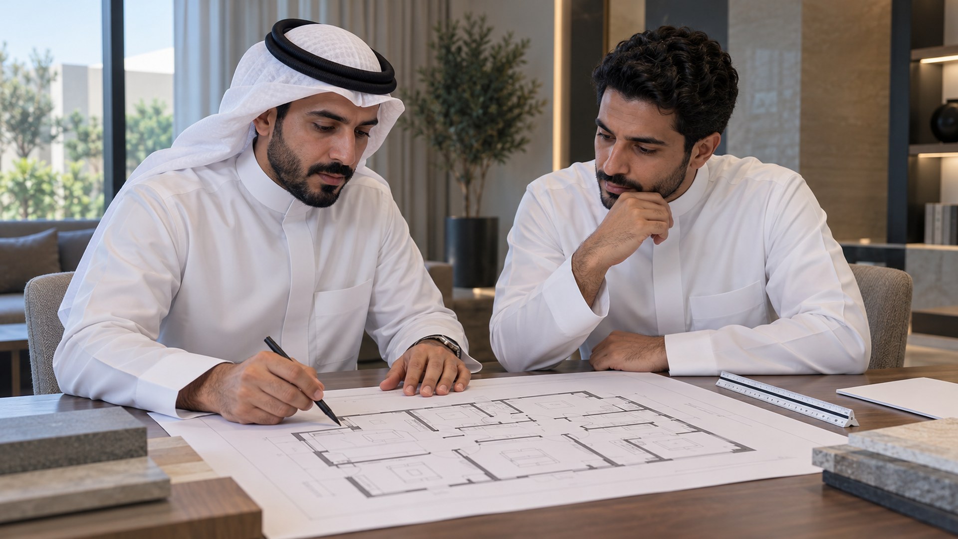 مهندس معماري سعودي يراجع مخطط بيت سكني مع صاحبه على المكتب