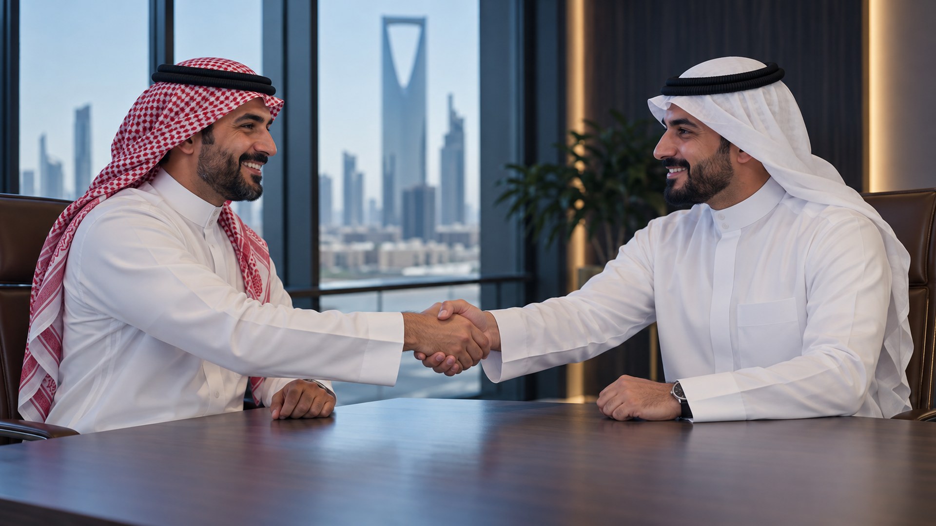 صاحب عمل سعودي ومحاسب يتصافحان عبر المكتب بعد الاتفاق على الشروط