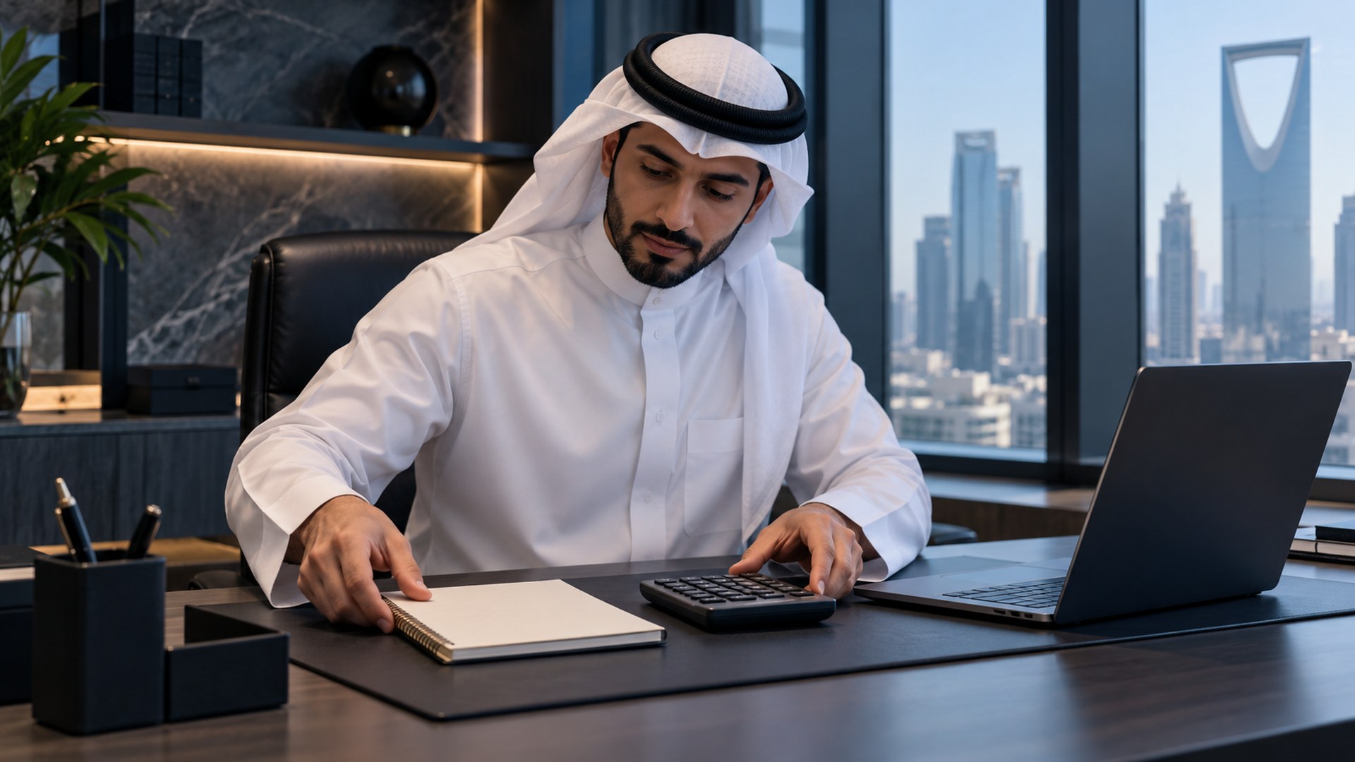 صاحب عمل سعودي يرتب دفتراً وآلة حاسبة بجانب اللابتوب