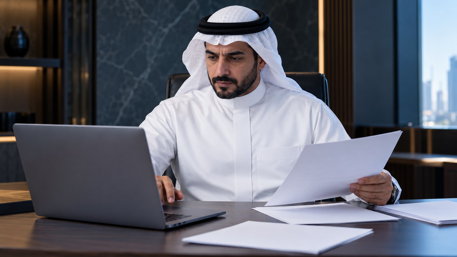 صاحب عمل سعودي يقارن عدة تقارير على اللابتوب بهدوء