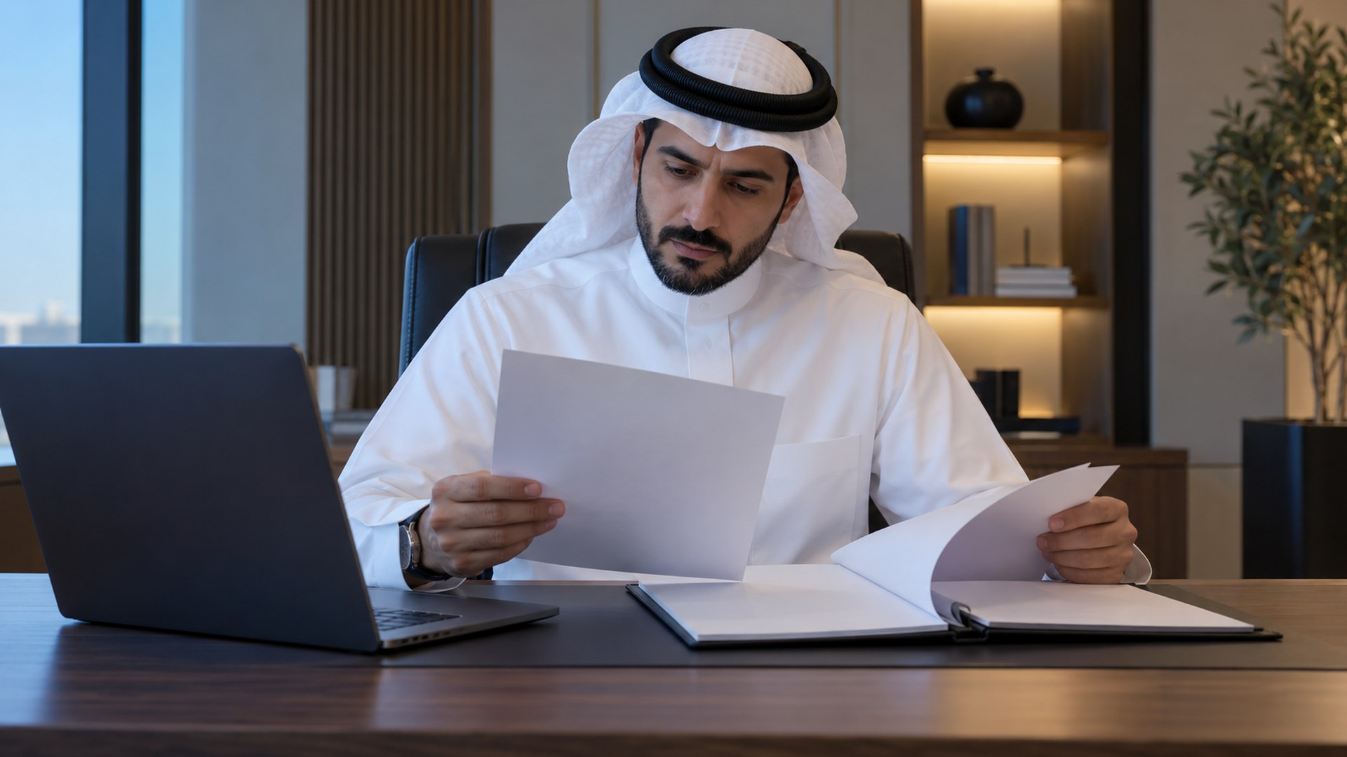 صاحب عمل سعودي يراجع وثائق تسجيل الشركة بجانب اللابتوب في مكتب صغير