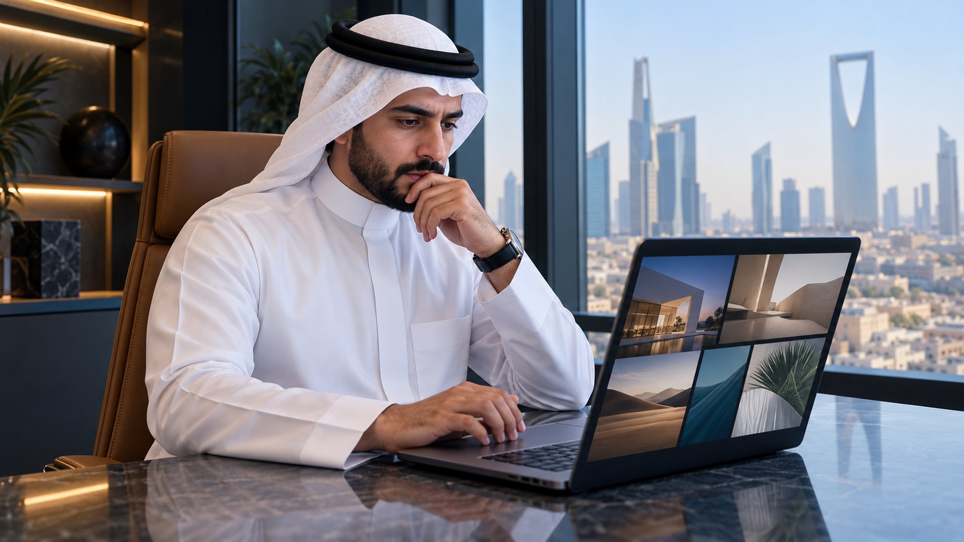 صاحب عمل سعودي يتصفح نماذج أعمال مواقع على اللابتوب