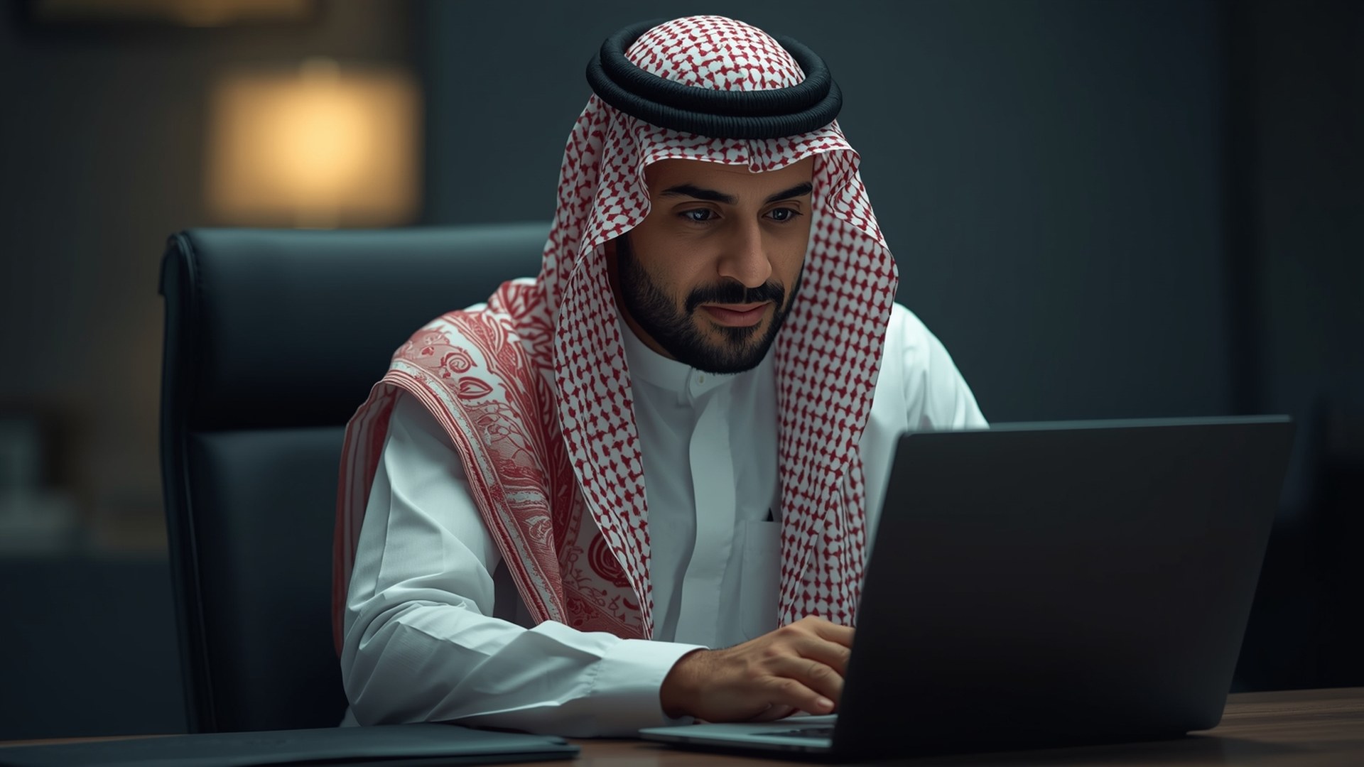 صاحب عمل سعودي يراجع موقعاً على اللابتوب في مكتب خليجي بسيط