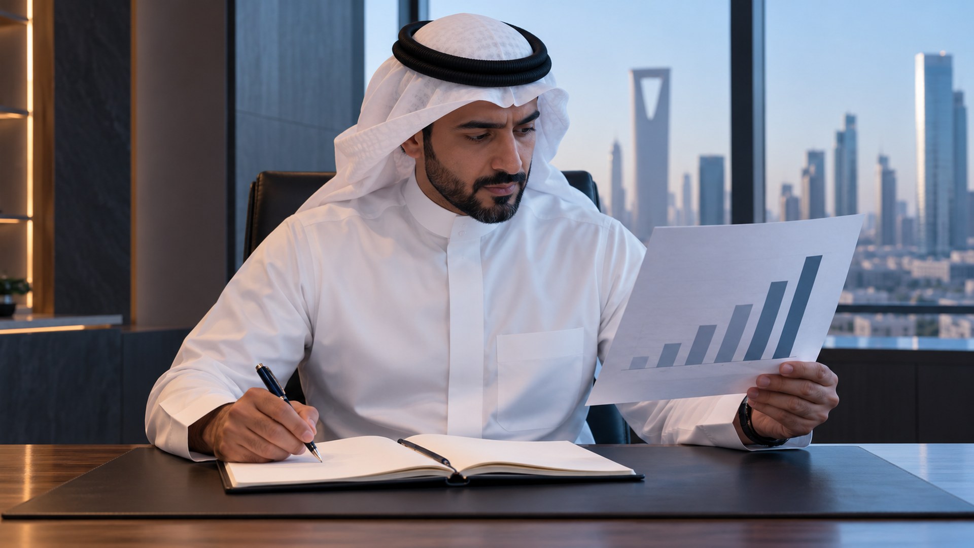 صاحب عمل سعودي يقارن رسماً بيانياً بدفتر تخطيط على مكتبه