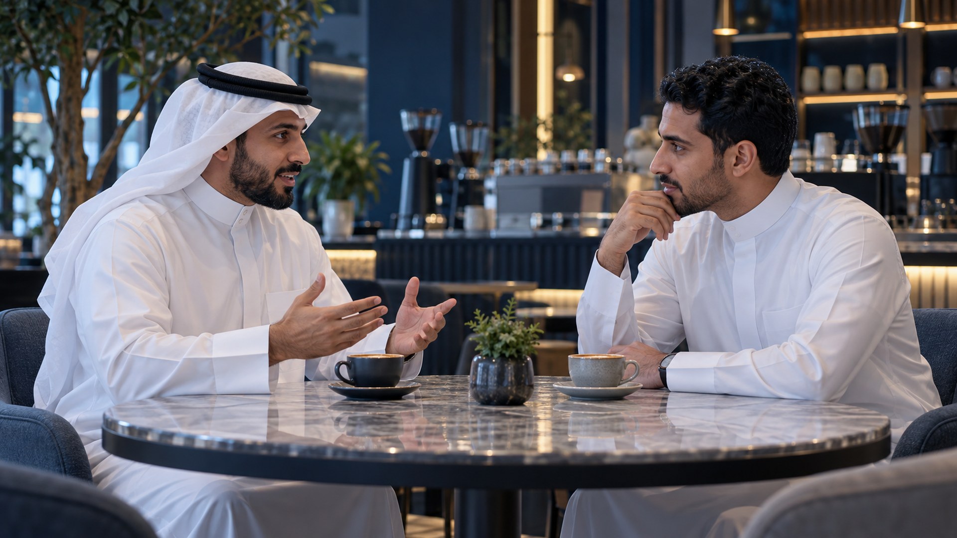 صاحب عمل سعودي يناقش مشروع موقع مع مطور على طاولة مقهى