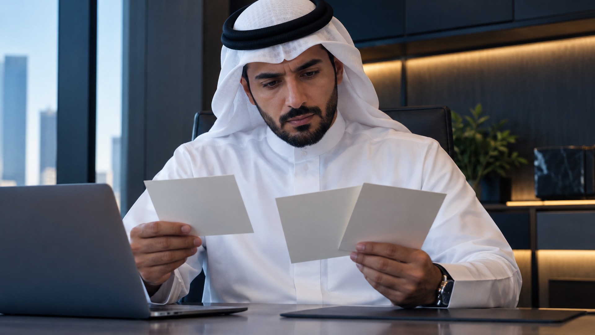 صاحب عمل سعودي يتفحص بطاقات تخطيط حملة بجانب اللابتوب