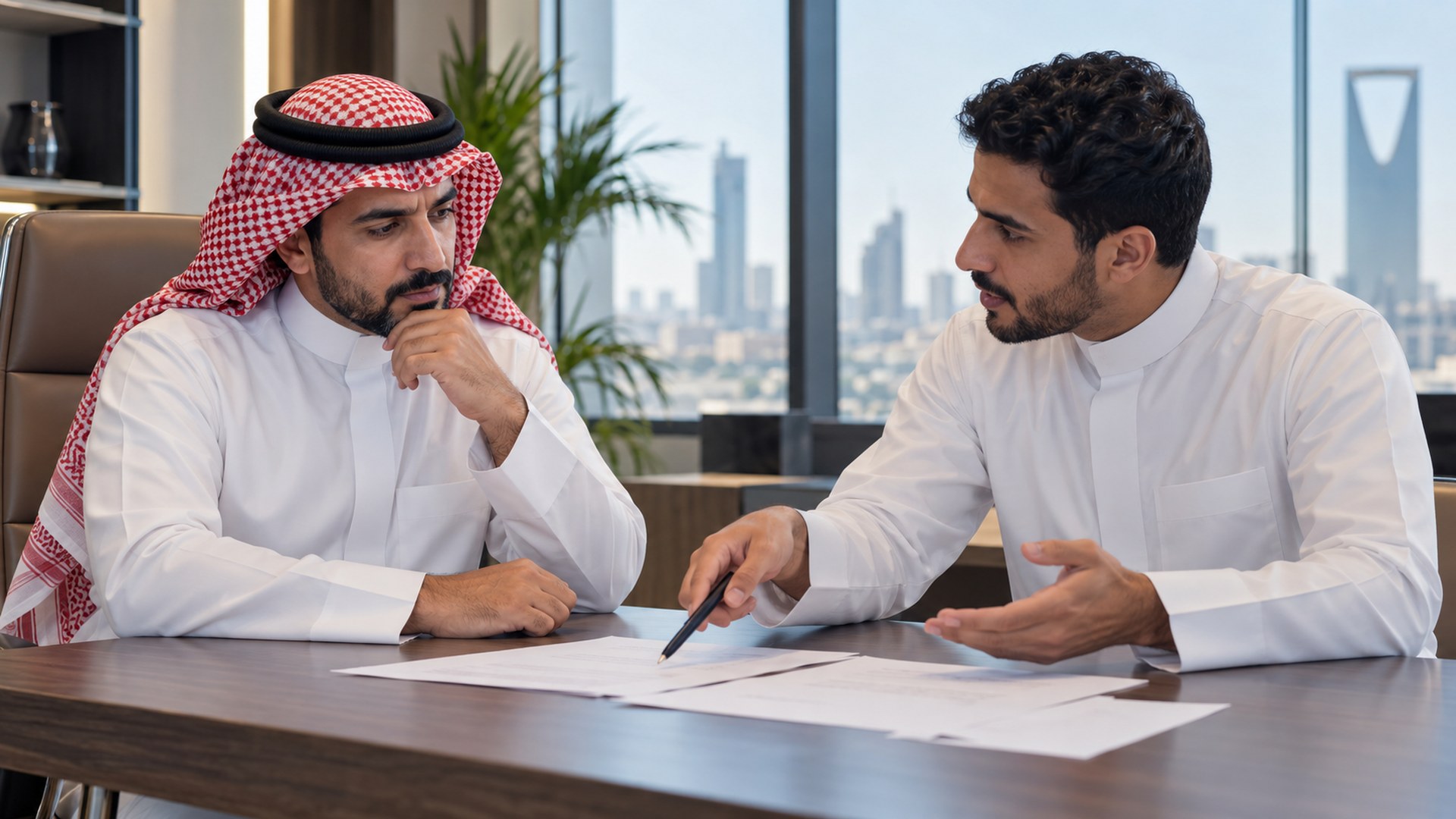 صاحب عمل سعودي يستمع لمستشار سيو يشرح خطته في مكتب مضيء