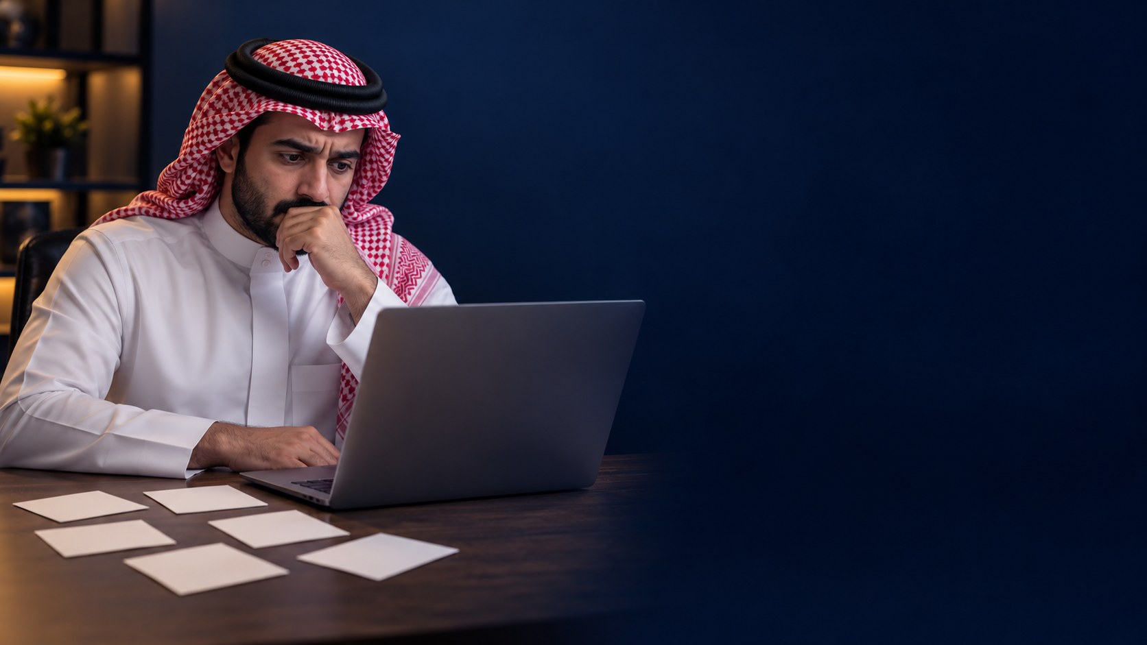 صاحب عمل سعودي متردد أمام اللابتوب وحوله بطاقات تخطيط متناثرة