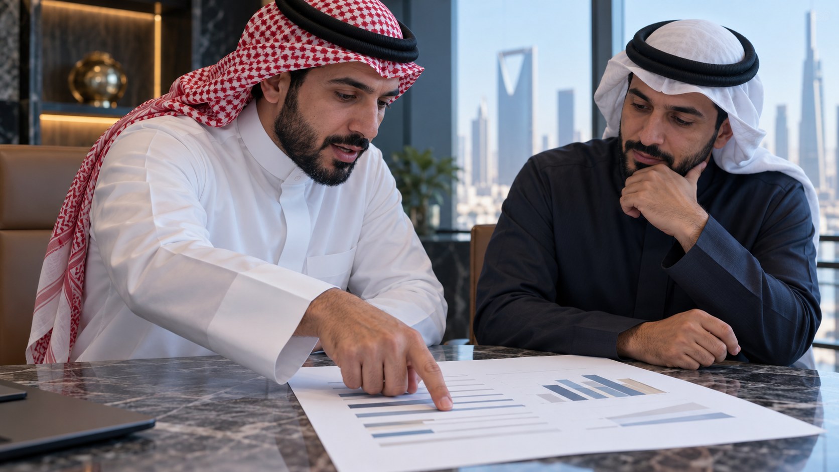 صاحب عمل سعودي يشير إلى سطر في تقرير مطبوع وهو يناقش قراراً مع زميله