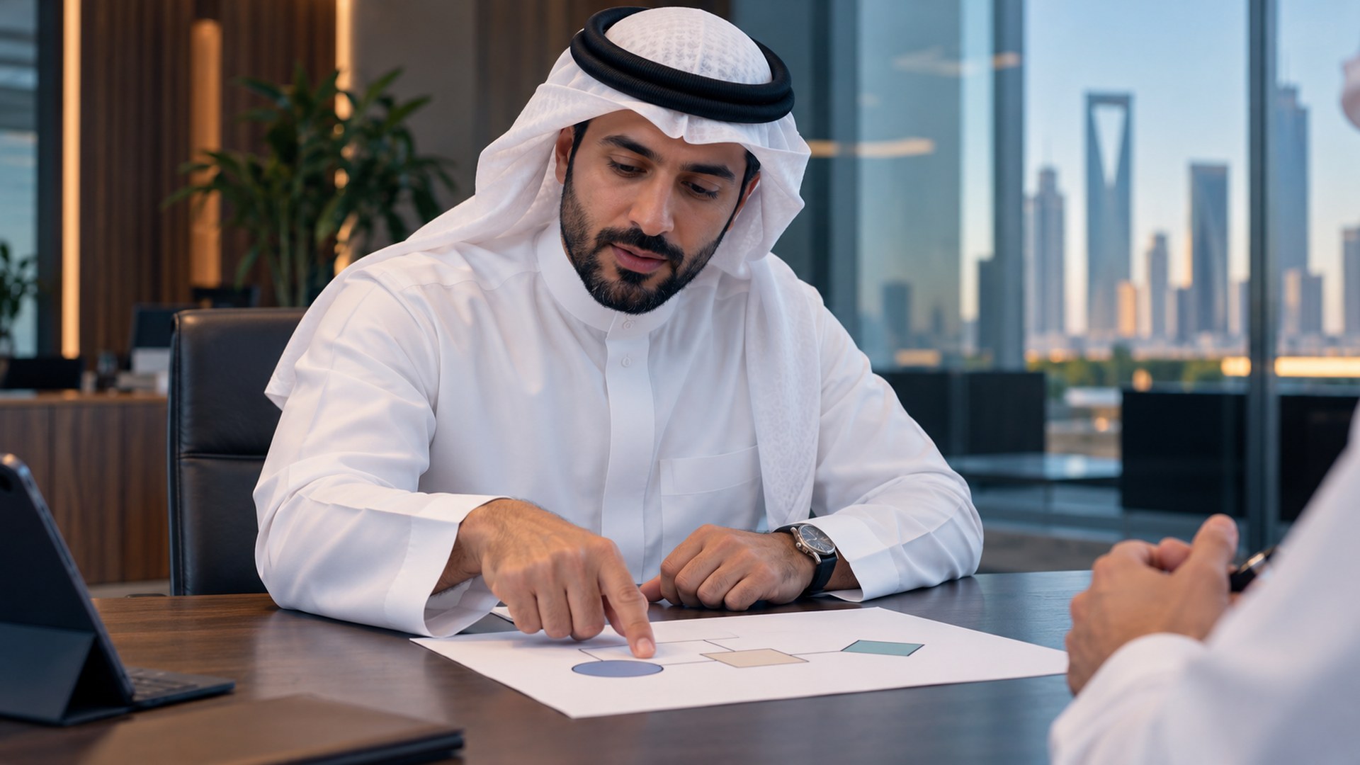 صاحب عمل سعودي يشير إلى خطة مشروع بسيطة أثناء نقاش في المكتب