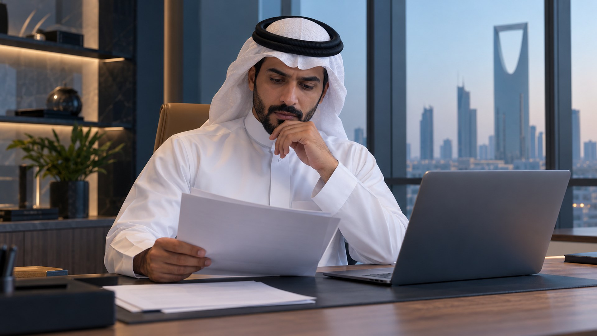 صاحب عمل سعودي يراجع ميزانية الإعلانات بجانب اللابتوب