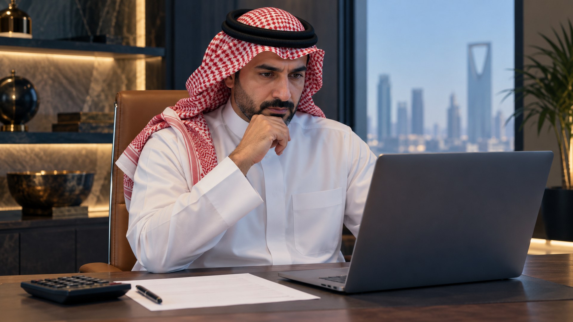 صاحب عمل سعودي أمام اللابتوب بجانب ميزانية ورقية وآلة حاسبة