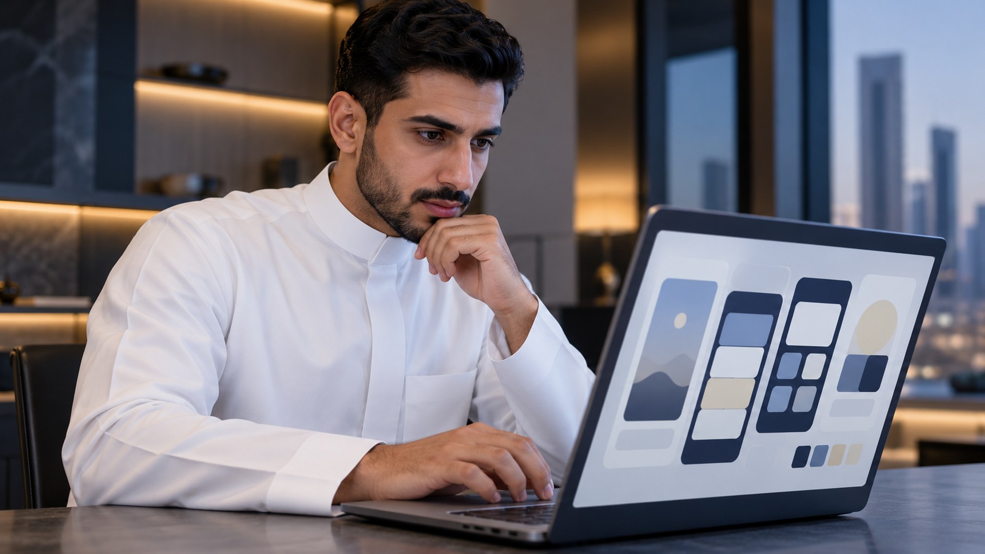 صاحب عمل سعودي يتصفح نماذج تطبيقات جوال على اللابتوب