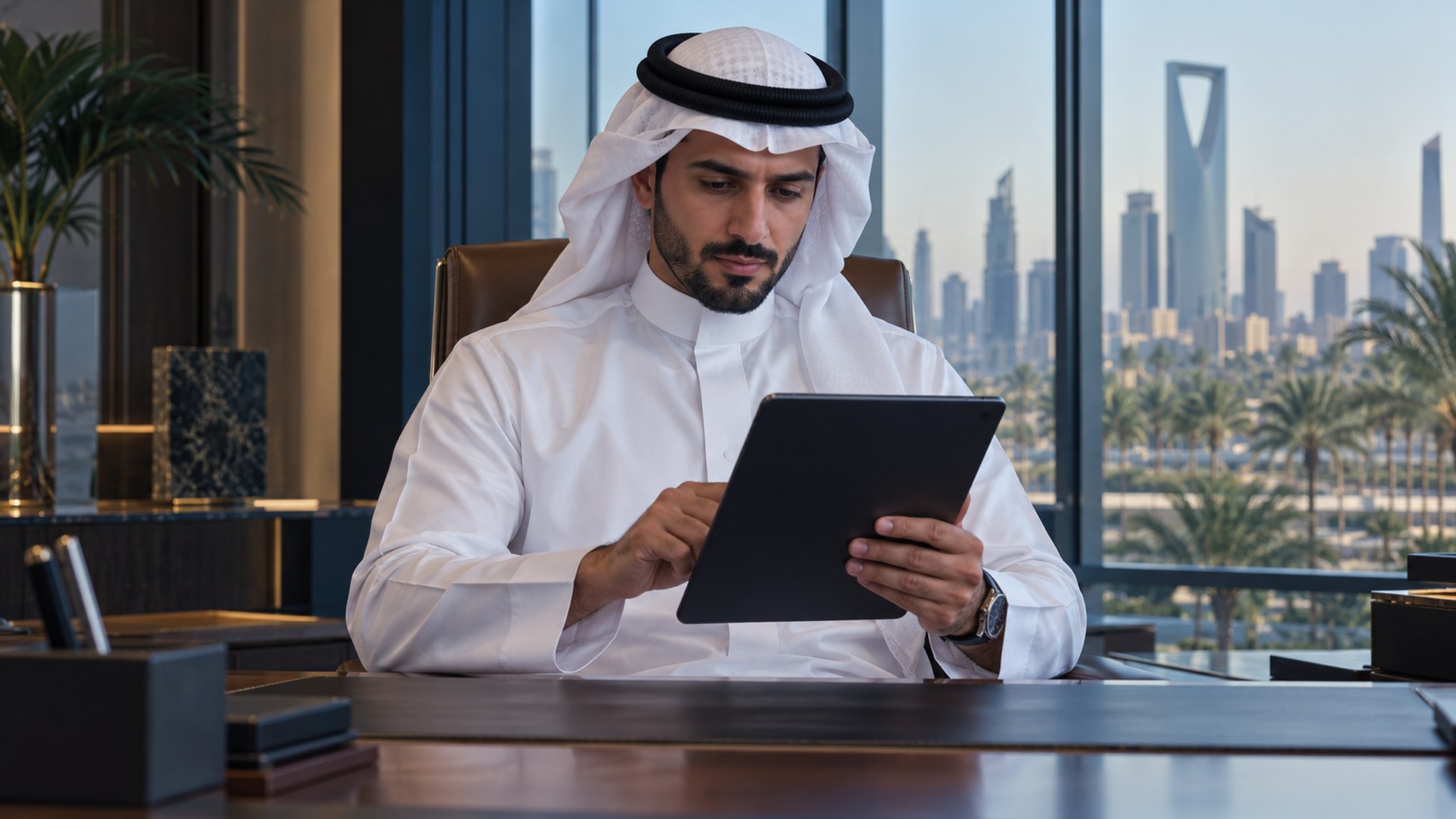 صاحب عمل سعودي يراجع وثائق السجل التجاري على جهاز لوحي في مكتب حديث