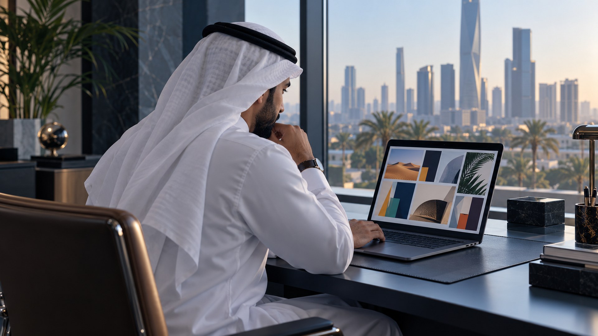 صاحب عمل سعودي يتصفح أعمال تصميم على اللابتوب في مكتب هادئ