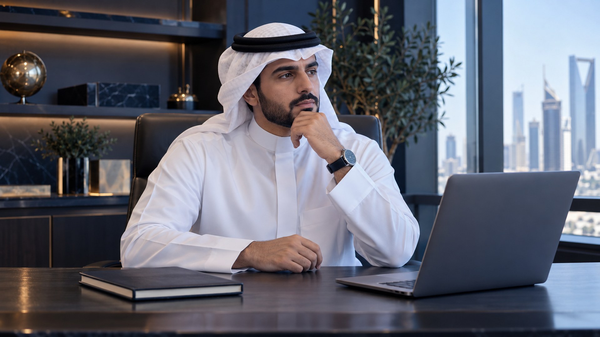 صاحب عمل سعودي يخطط بتفكير على مكتبه أمام دفتر مغلق ولابتوب
