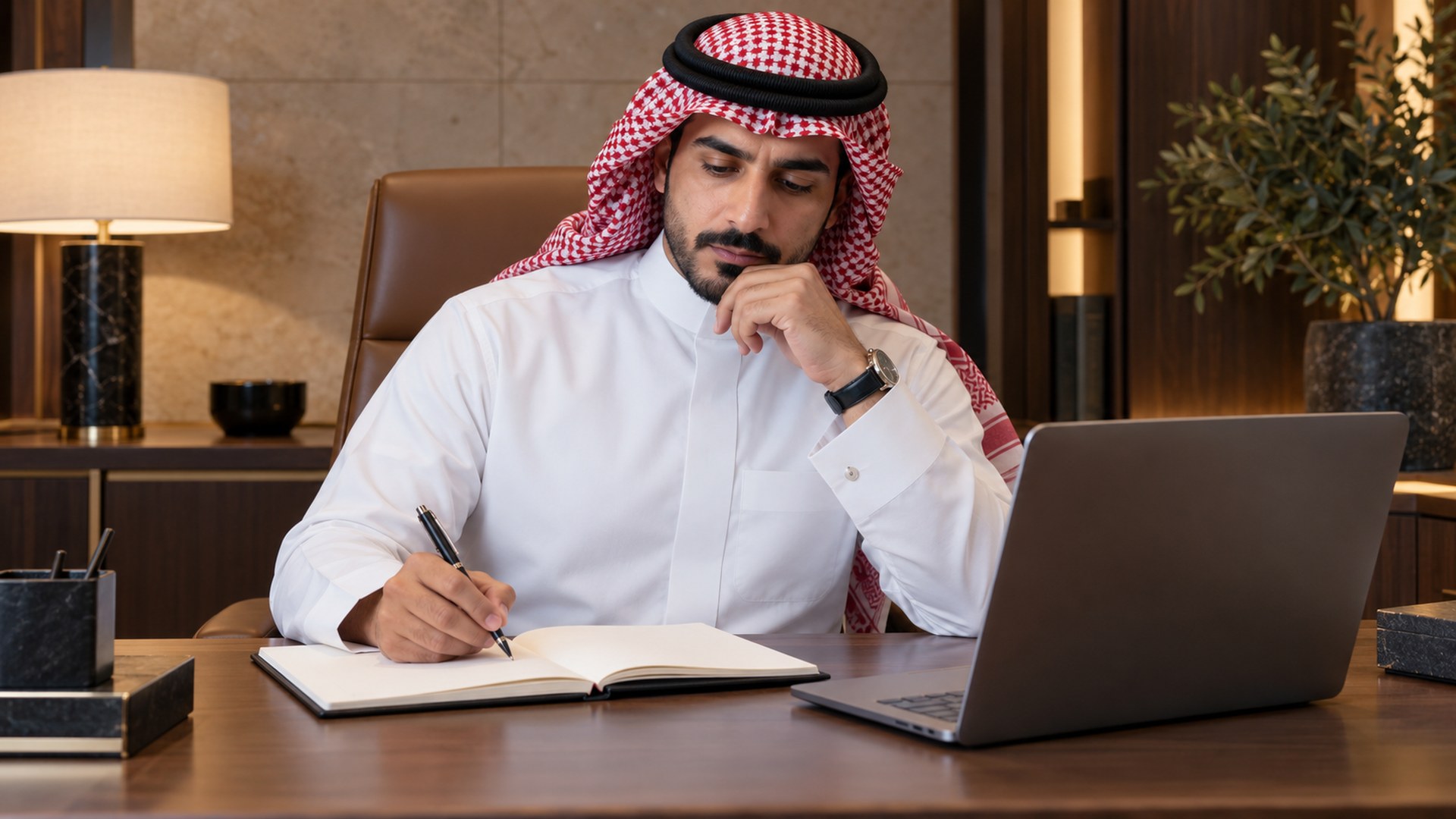 صاحب عمل سعودي يخطط لمحتوى موقع مفيد في دفتر بجانب اللابتوب