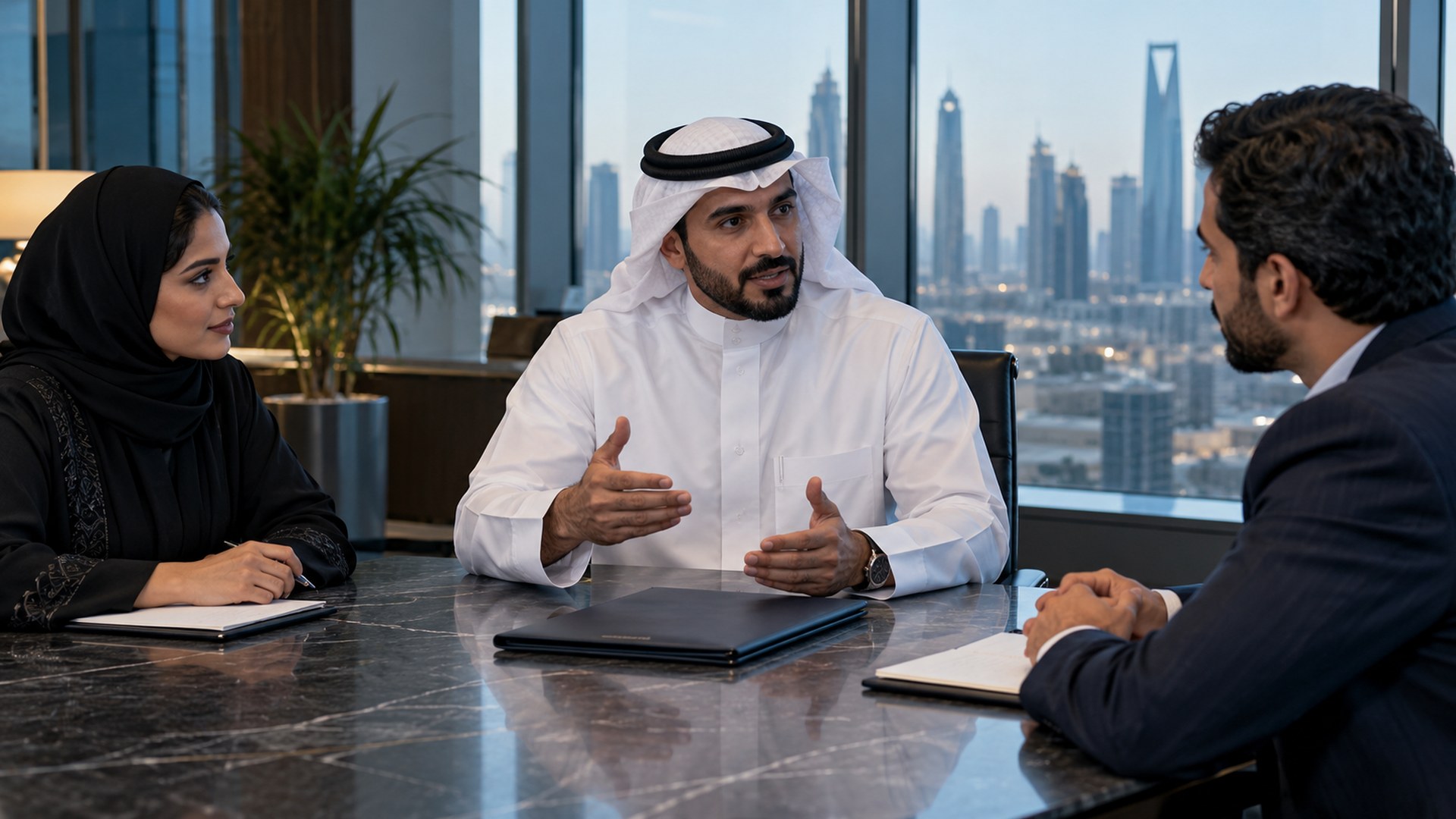 مندوب أعمال سعودي يناقش عرضاً مع زميلين حول طاولة اجتماعات