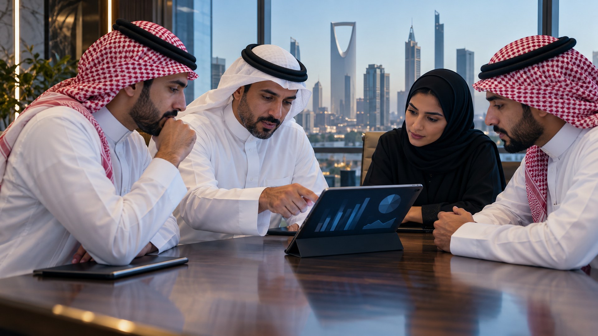 فريق عمل سعودي حول طاولة اجتماعات يراجع خطط توسع ورسوماً مالية على جهاز لوحي