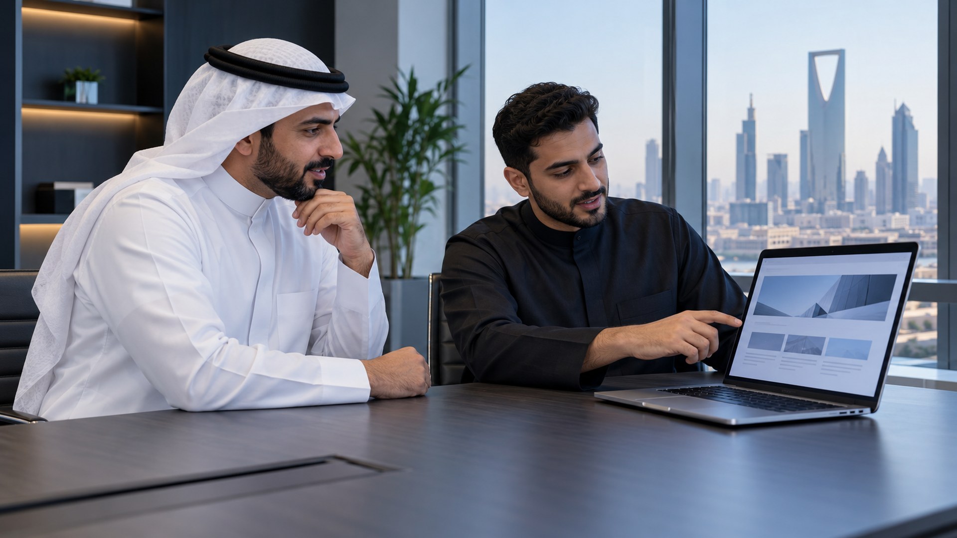 رجل أعمال سعودي يتحدث بهدوء مع مختص مواقع يعدّل موقعاً على اللابتوب