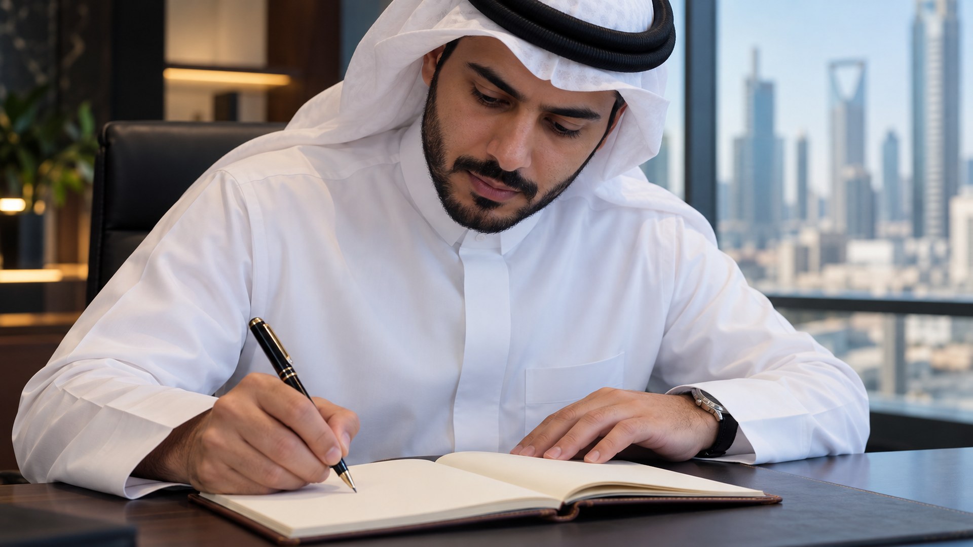 رجل أعمال سعودي يكتب قائمة واضحة في دفتر بقلم حبر
