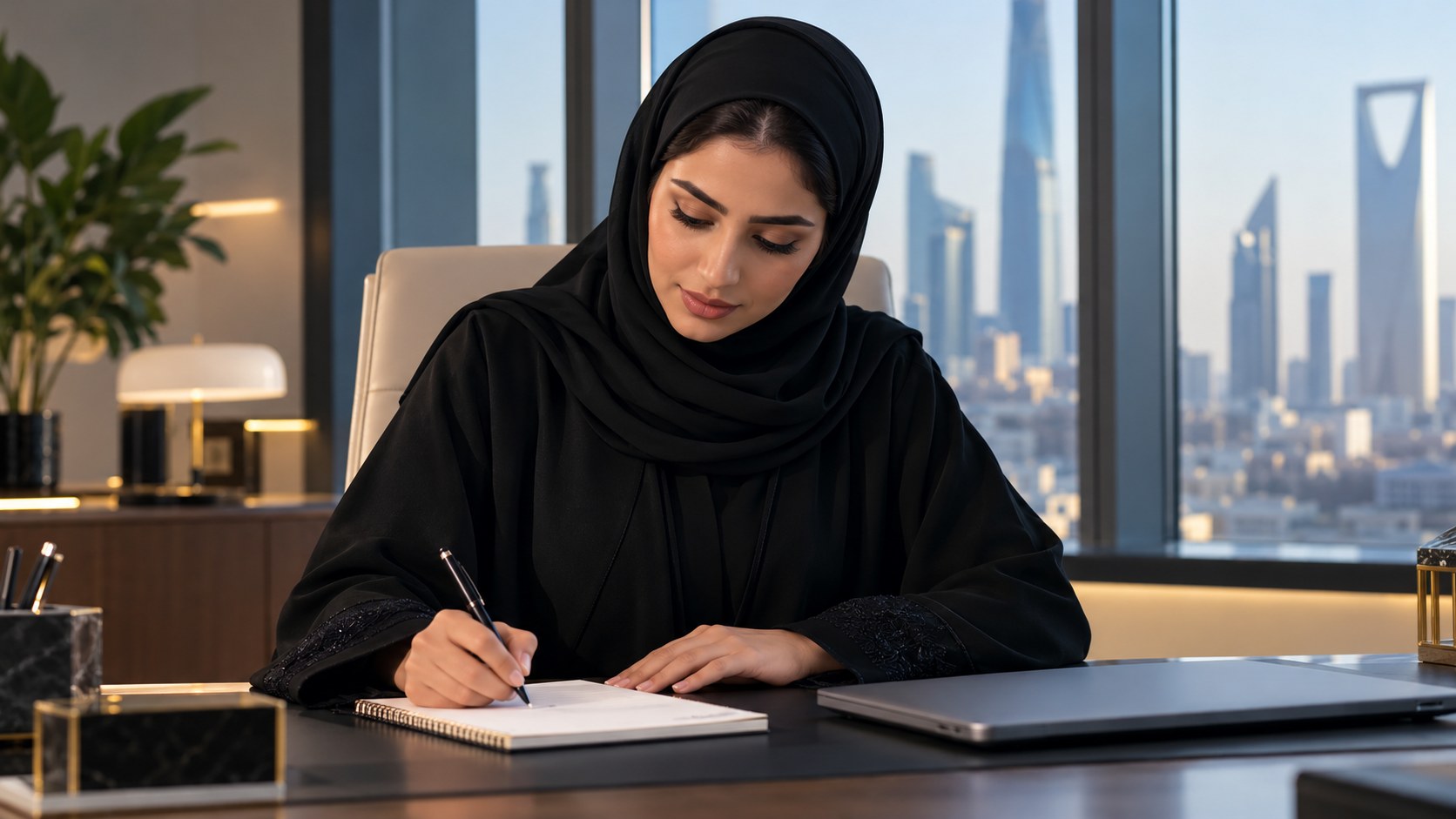 سيدة أعمال سعودية تكتب قائمة قصيرة في دفتر بتركيز ولابتوبها مغلق بجانبها