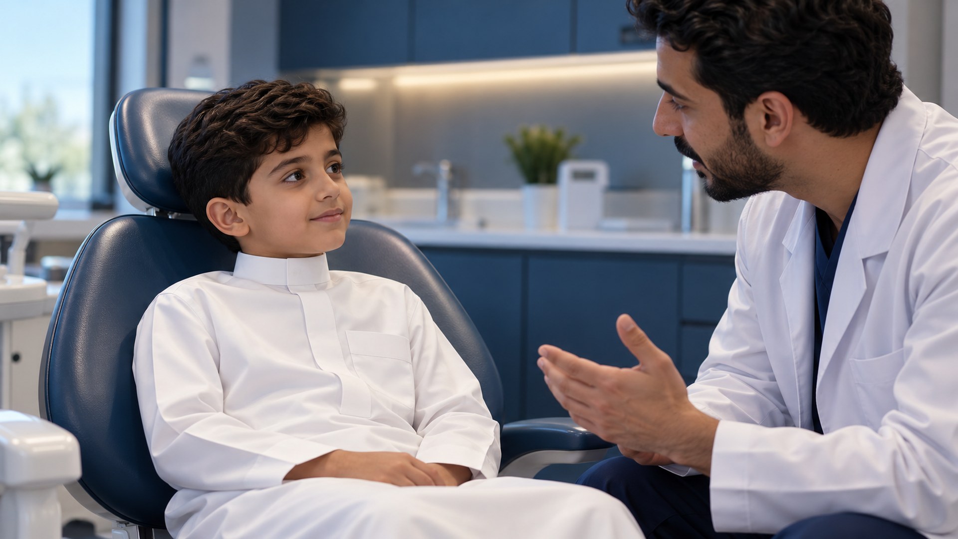 طفل سعودي جالس بهدوء على كرسي الأسنان يستمع للطبيب
