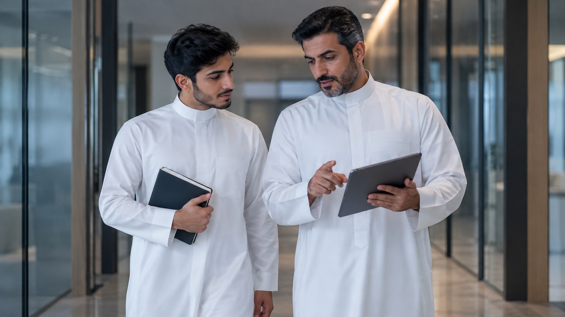 زميلان سعوديان في ممر مكتب حديث، موظف جديد بدفتر ومدير بجهاز لوحي