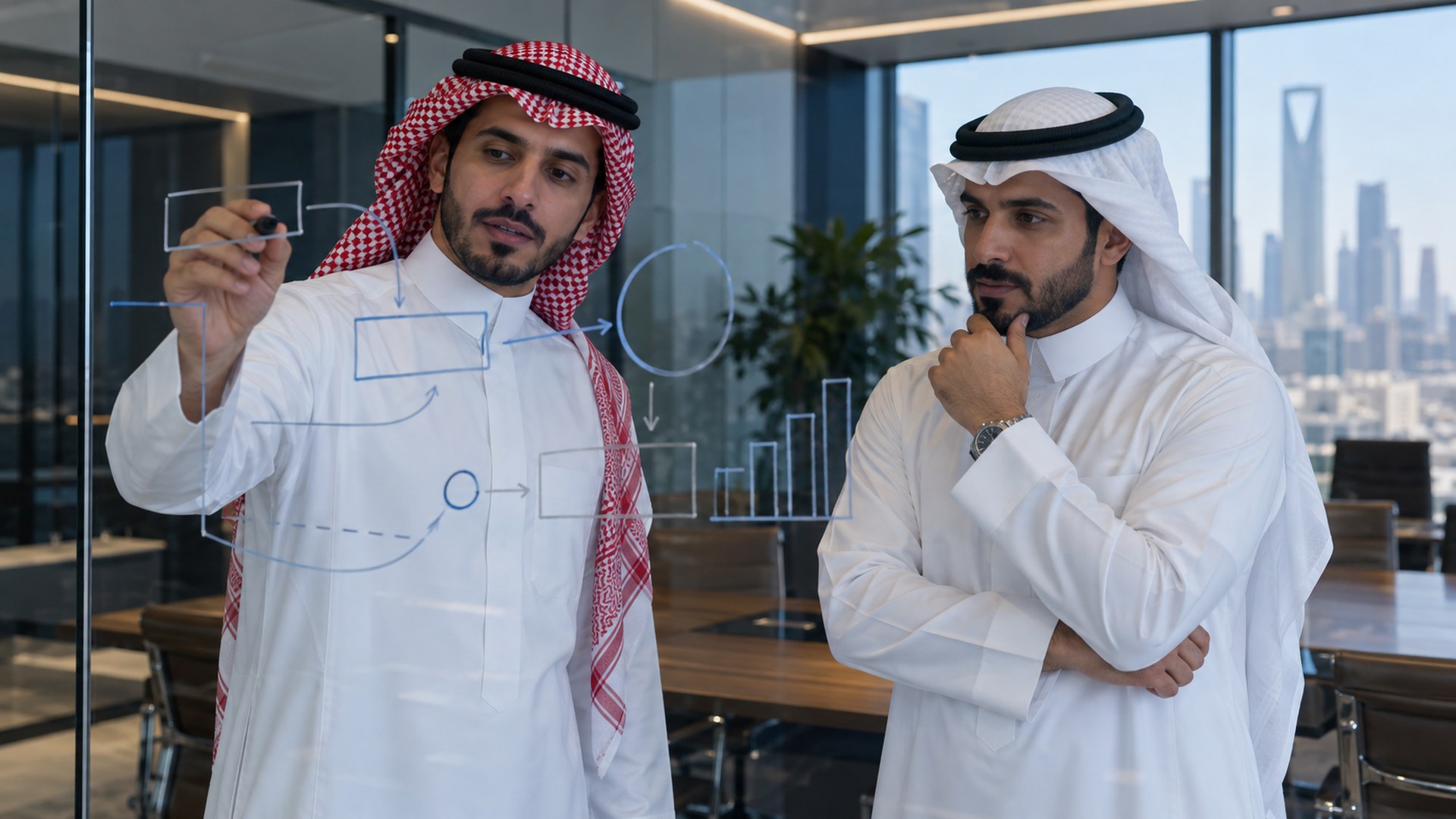 زميلان سعوديان يناقشان ملاحظات على سبورة زجاجية في غرفة اجتماعات