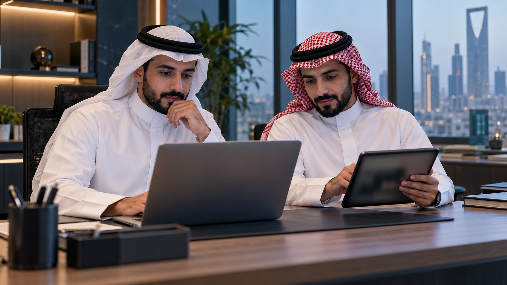 زميلان سعوديان على مكتب، أحدهما يشاهد شرحاً على اللابتوب والآخر يتصفح مواقع الشركات