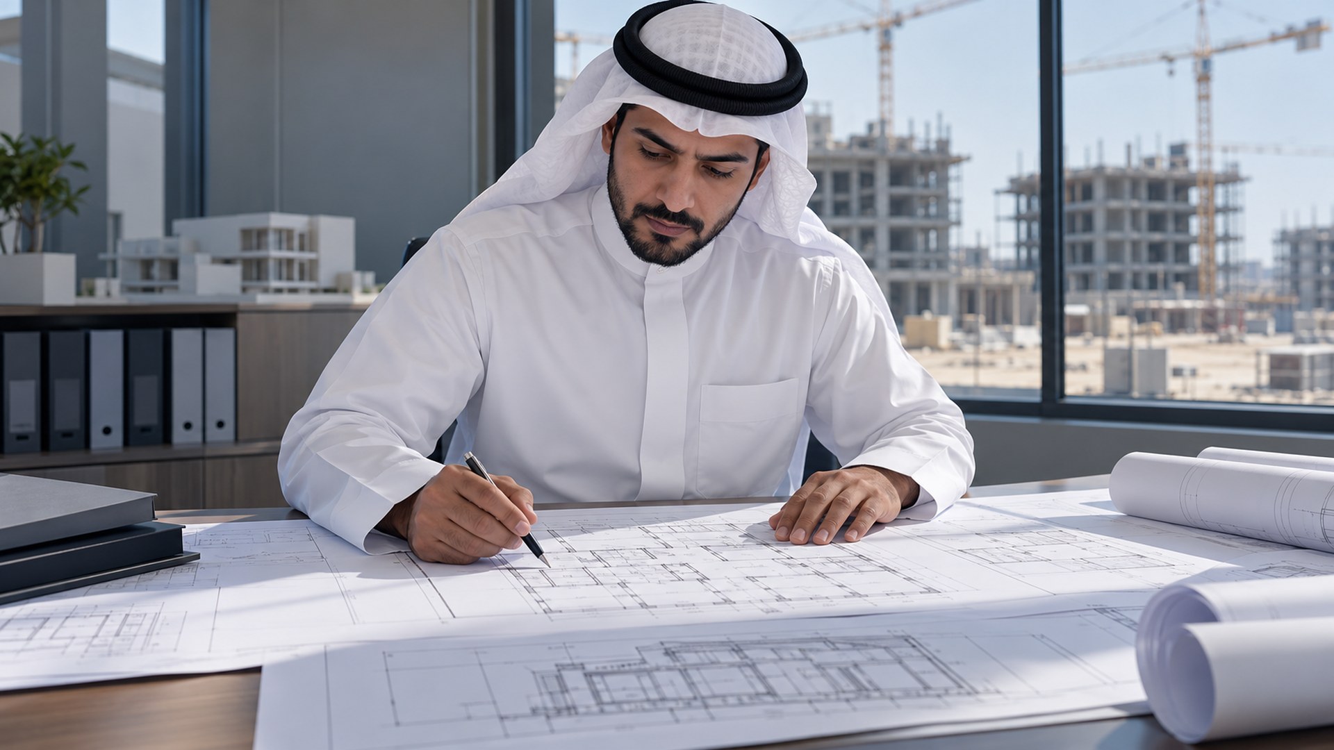منسق إنشاءات سعودي يراجع مجموعة مخططات موحدة على مكتب الموقع