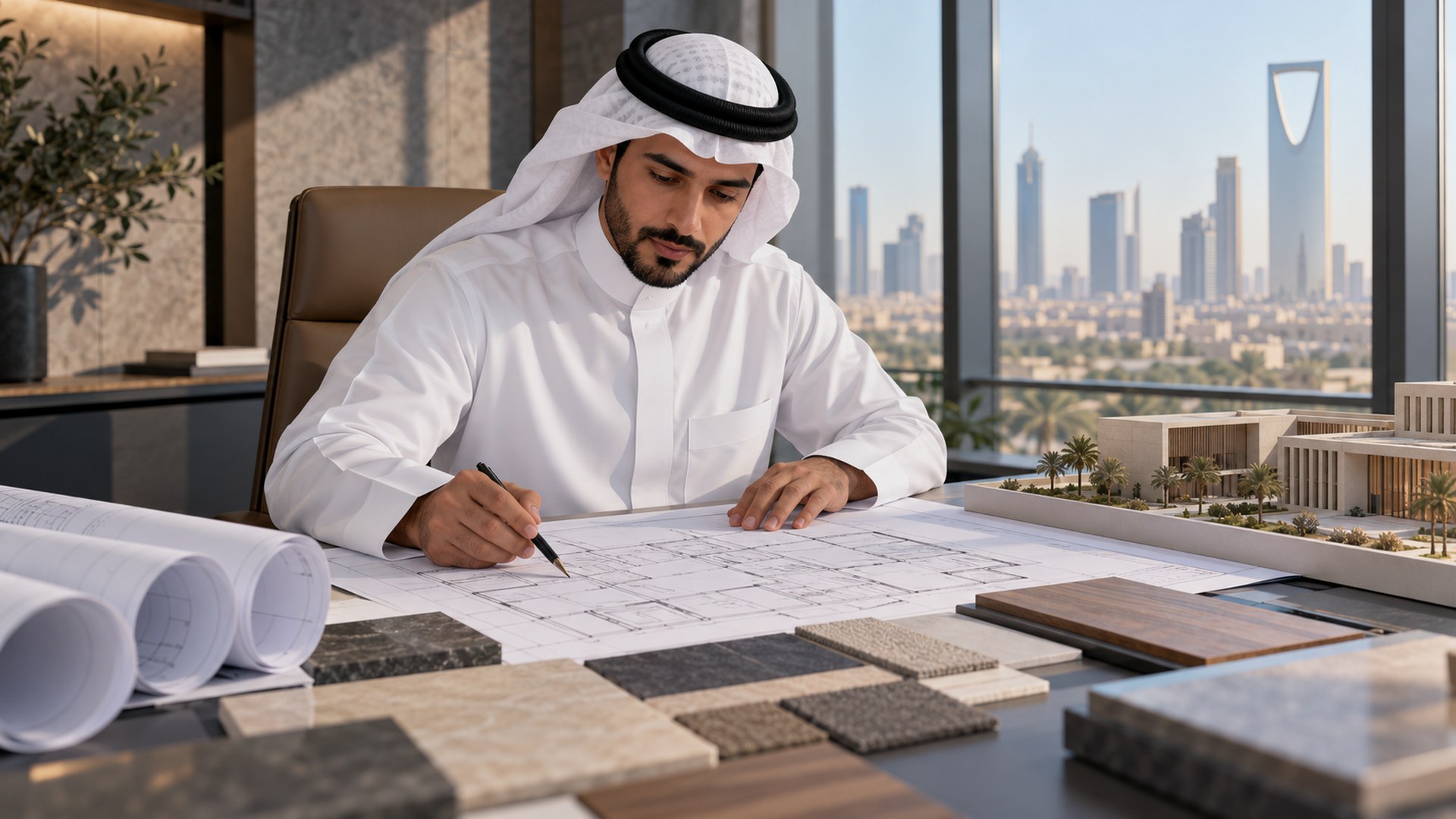 منسق إنشاءات سعودي يراجع المخططات مع عينات المواد ومجسم هندسي