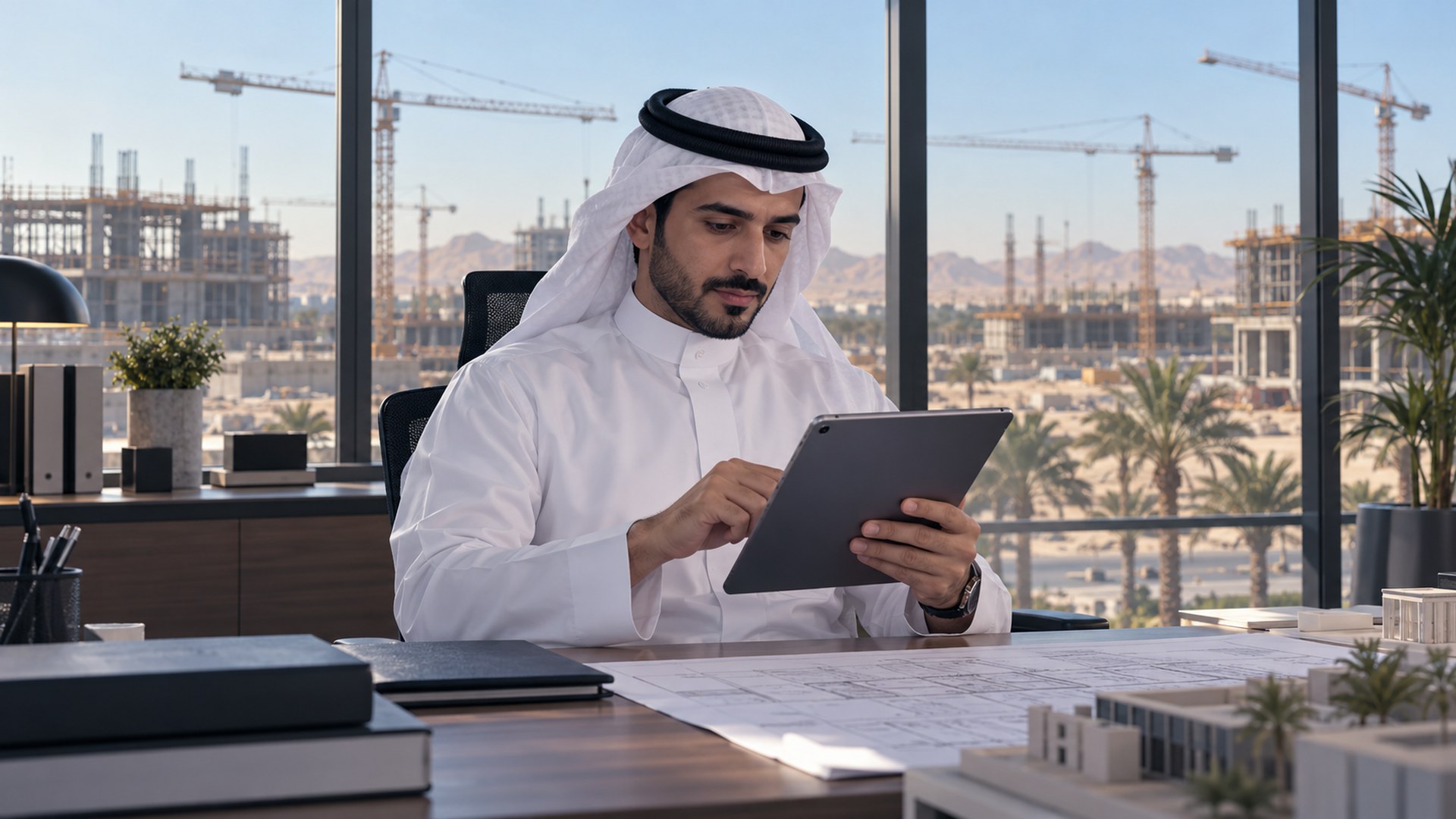 منسق إنشاءات سعودي ينسق العمل بين المواقع من جهاز لوحي في مكتب الموقع