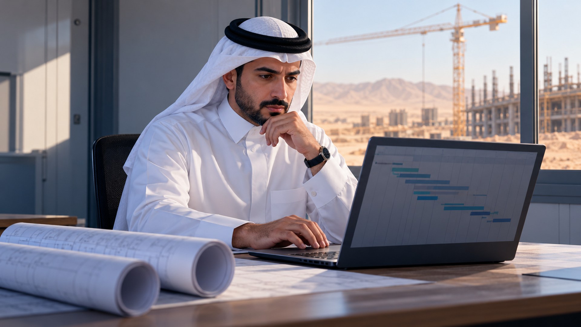 مهندس إنشاءات سعودي يراجع جدول المشروع على لابتوب بجانب مخططات ملفوفة في مكتب الموقع