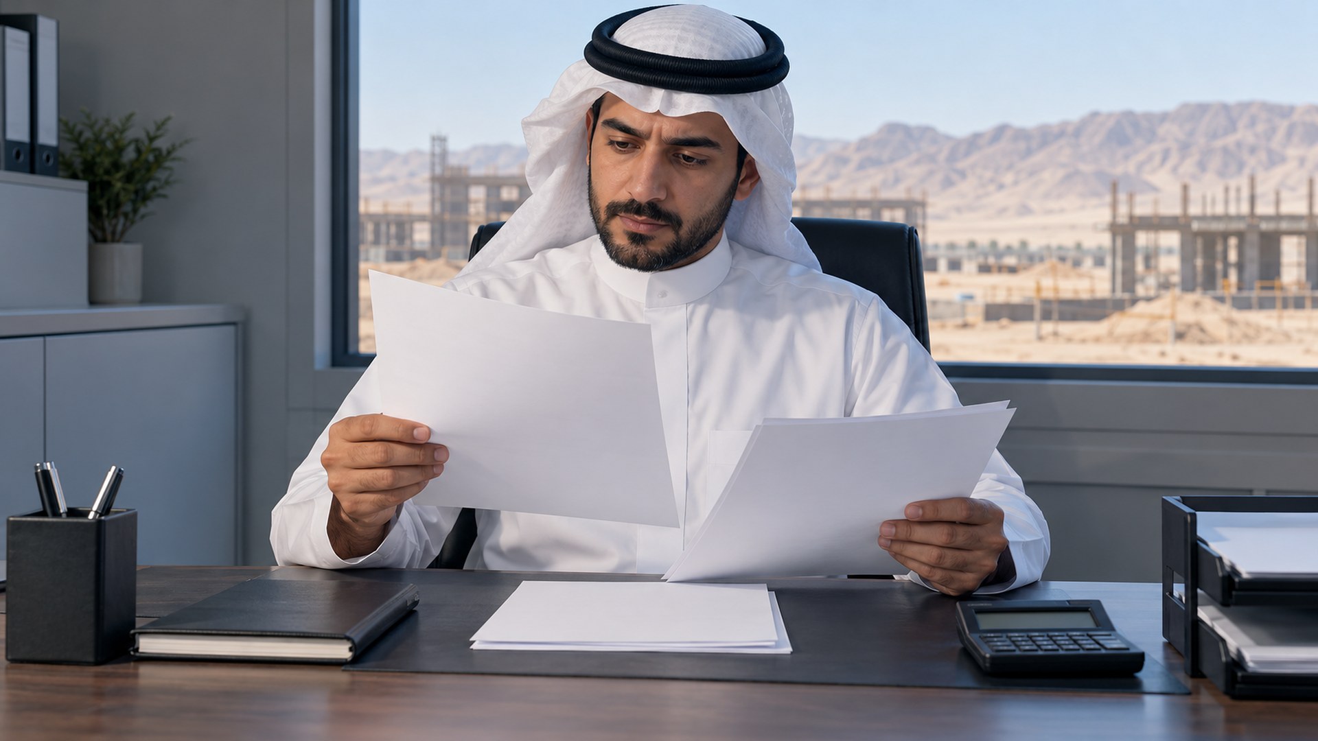 مدير إنشاءات سعودي يدقق مستندات المصاريف في مكتب الموقع