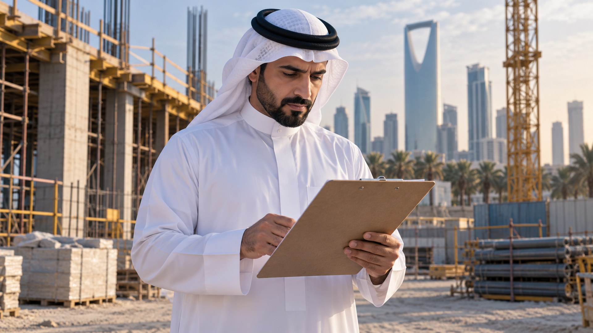 مدير إنشاءات سعودي يتابع جدول المشروع على لوح كتابة في موقع منظم